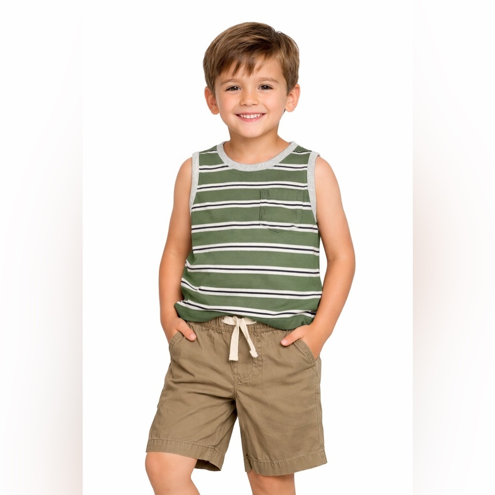 Carter’s Boys 2-Piece Outfit Set Size 5 Green Striped Tank Top & Khaki Shorts